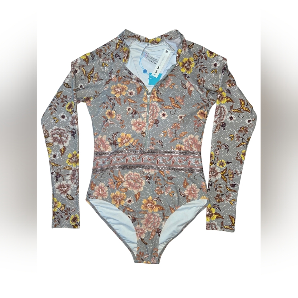 NWT Swimwear Floral Long Sleeve Rash Guard One Piece Swimsuit L  Zip Front
